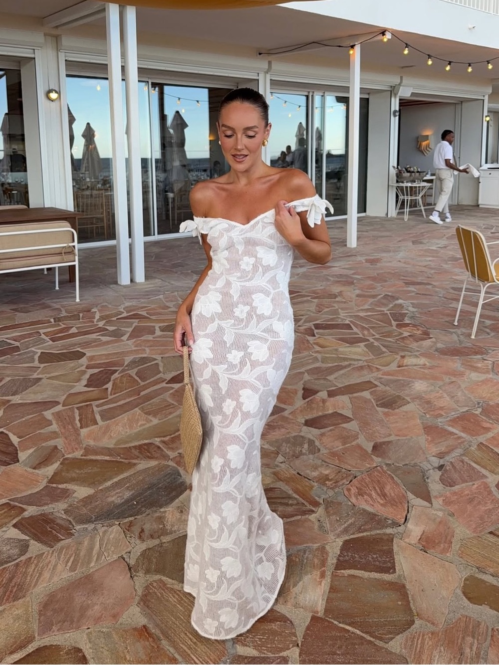 Meshki White Off-Shoulder Floral Lace Maxi Dress